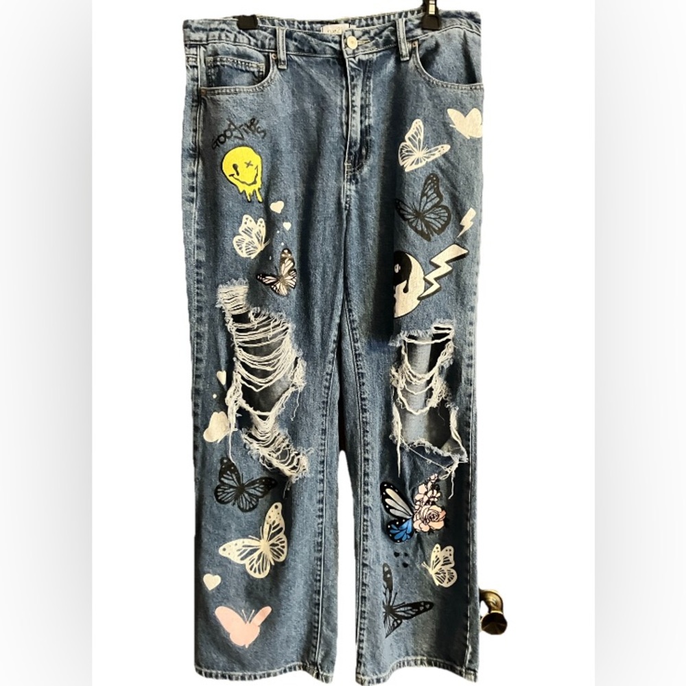 Rue21 Women’s Jeans Sz16 Blue HighRise Distressed Painted Graphic Straight Legs
